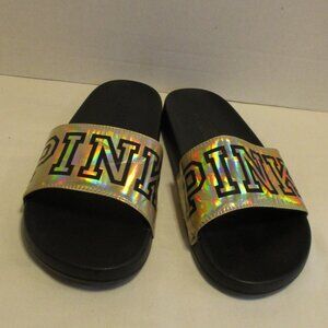 PINK Woman Size 10 Black Gold Top Slide On Sandals